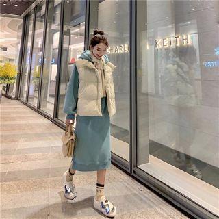 Plain Long-sleeve Hooded Maxi Dress / Plain Fleece Sleeveless Jacket