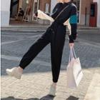 Long-sleeve Color-panel Knit Jumpsuit