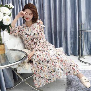 Floral Print Long-sleeve Cold Shoulder Midi Dress