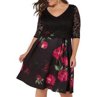 Floral Print Lace Panel Elbow-sleeve Dress