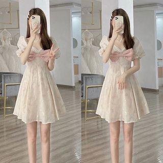Puff-sleeve Bow Accent Floral Mini A-line Dress