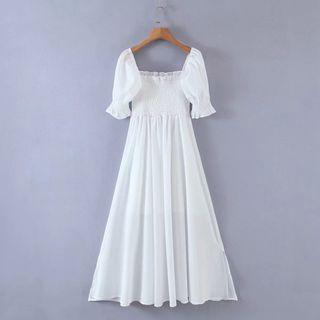 Puff-sleeve Ruffle Midi A-line Dress