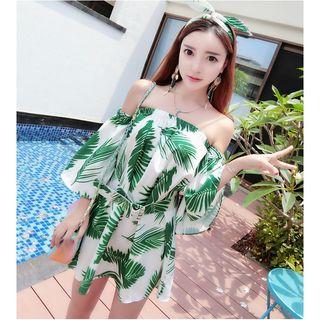 3/4-sleeve Leaf Print Mini Dress