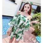3/4-sleeve Leaf Print Mini Dress