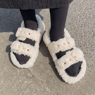Faux Shearling Buckled Platform Sandals