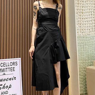 Sleeveless Asymmetric Hem Belted A-line Dress