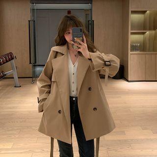 Plain Double-breasted Trench Coat Khaki - One Size