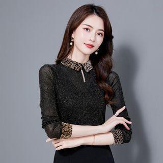 Long-sleeve Leopard Print Trim Glitter Mesh Top