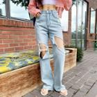 Cutout-knee Distressed Wide-leg Jeans