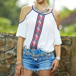 Off-shoulder Printed Loose-fit Chiffon Sheath Top
