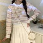 Long-sleeve Round Neck Striped Light Knit Crop Top