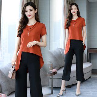 Set: Short-sleeve Irregular Hem Top + Capri Pants