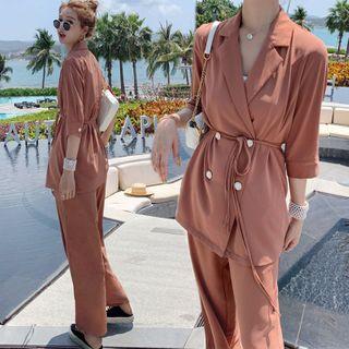 Set: Double-breasted 3/4-sleeve Blazer + Wide-leg Dress Pants