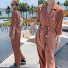 Set: Double-breasted 3/4-sleeve Blazer + Wide-leg Dress Pants