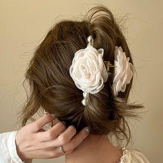 Rose Faux Pearl Mesh Hair Clamp Off-white - One Size
