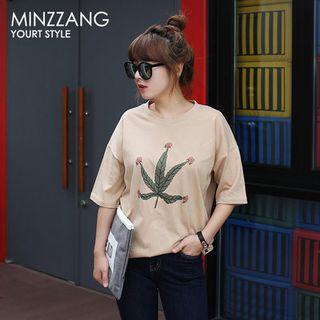 Elbow-sleeve Leaf Print T-shirt