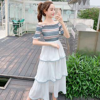 Short-sleeve Striped Tiered Midi Dress