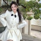 Collared Single-breasted Fleece Jacket / Pleated Mini A-line Skirt