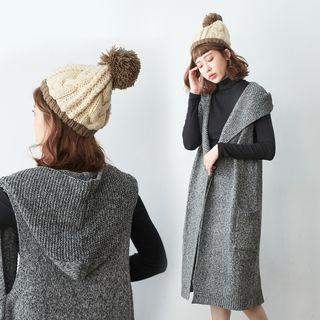 Long Open-front Hooded Knit Vest Gray - One Size