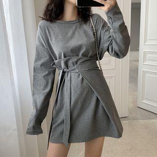 Long-sleeved Plain Midi Dress With Sash