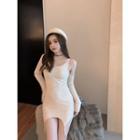 Long-sleeve Cold Shoulder Sheath Knit Dress White - One Size