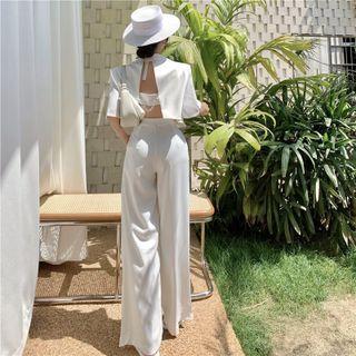 Spaghetti Strap Wide Leg Jumpsuit / Short-sleeve Open-back Blazer