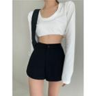 Long-sleeve Irregular T-shirt / High-waist Wide-leg Shorts