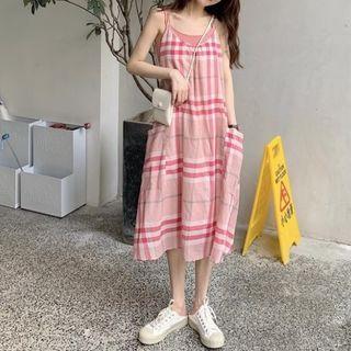 Spaghetti Strap Plaid Midi A-line Dress / Camisole Top