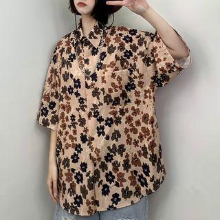 Short-sleeve Floral Print Oversized Shirt