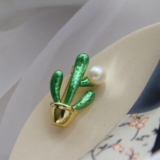 Cactus Freshwater Pearl Alloy Brooch Green & Gold - One Size
