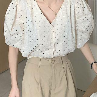 Puff-sleeve Dotted Blouse Gray Dot - White - One Size
