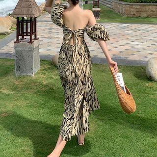 Off-shoulder Tiger Print Midi A-line Dress