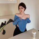 Off-shoulder Cropped Knit Top Blue - One Size