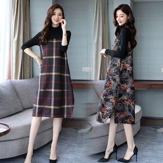 Long-sleeve Print Panel Midi A-line Dress