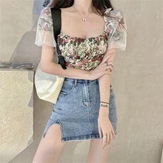 Flower Print Short-sleeve Blouse / Mini Denim Skirt