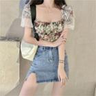 Flower Print Short-sleeve Blouse / Mini Denim Skirt