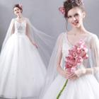 Flutter-sleeve Flower Applique Ball Wedding Dress
