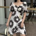 Short-sleeve Flower Printed A-line Dress