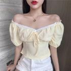 Lace Trim Crinkled Puff-sleeve Cropped Blouse