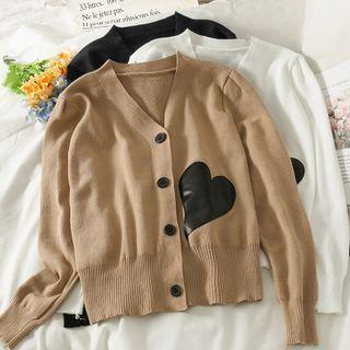 Leather Heart-patch Light Knit Cardigan