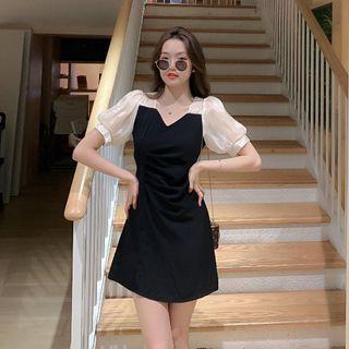 Puff-sleeve Two Tone Split Dress
