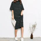 Mock-neck Striped Short-sleeve Midi T-shirt Dress
