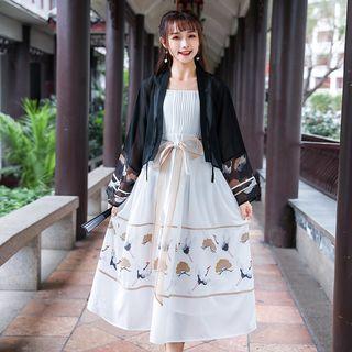 Set: Flower Print Open Front Light Jacket + Bow Accent Spaghetti Strap Midi A-line Dress
