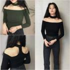 Long-sleeve Choker Neck Off Shoulder T-shirt