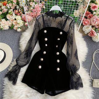 Set: Long Sleeve Lace Top + Double Breasted Velvet Playsuit