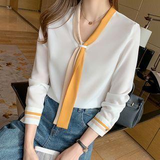 Color-block Tie-neck Long-sleeve Blouse