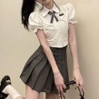 Puff-sleeve Crop Shirt / Mock Tie / Pleated Mini A-line Skirt / Set
