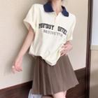 Short-sleeve Collar Letter Embroidered T-shirt / Mini Pleated Skirt
