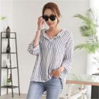 Open-placket Dip-back Striped Blouse