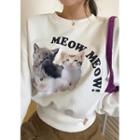Drop-shoulder Cat-print Sweatshirt